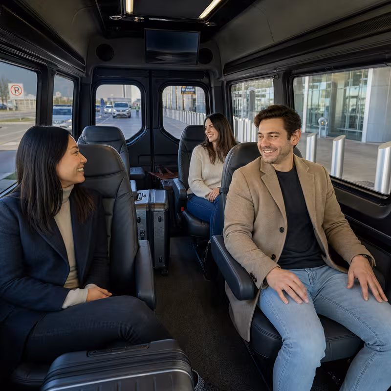 Passengers loading luggage while boarding an Fullerton group shuttle