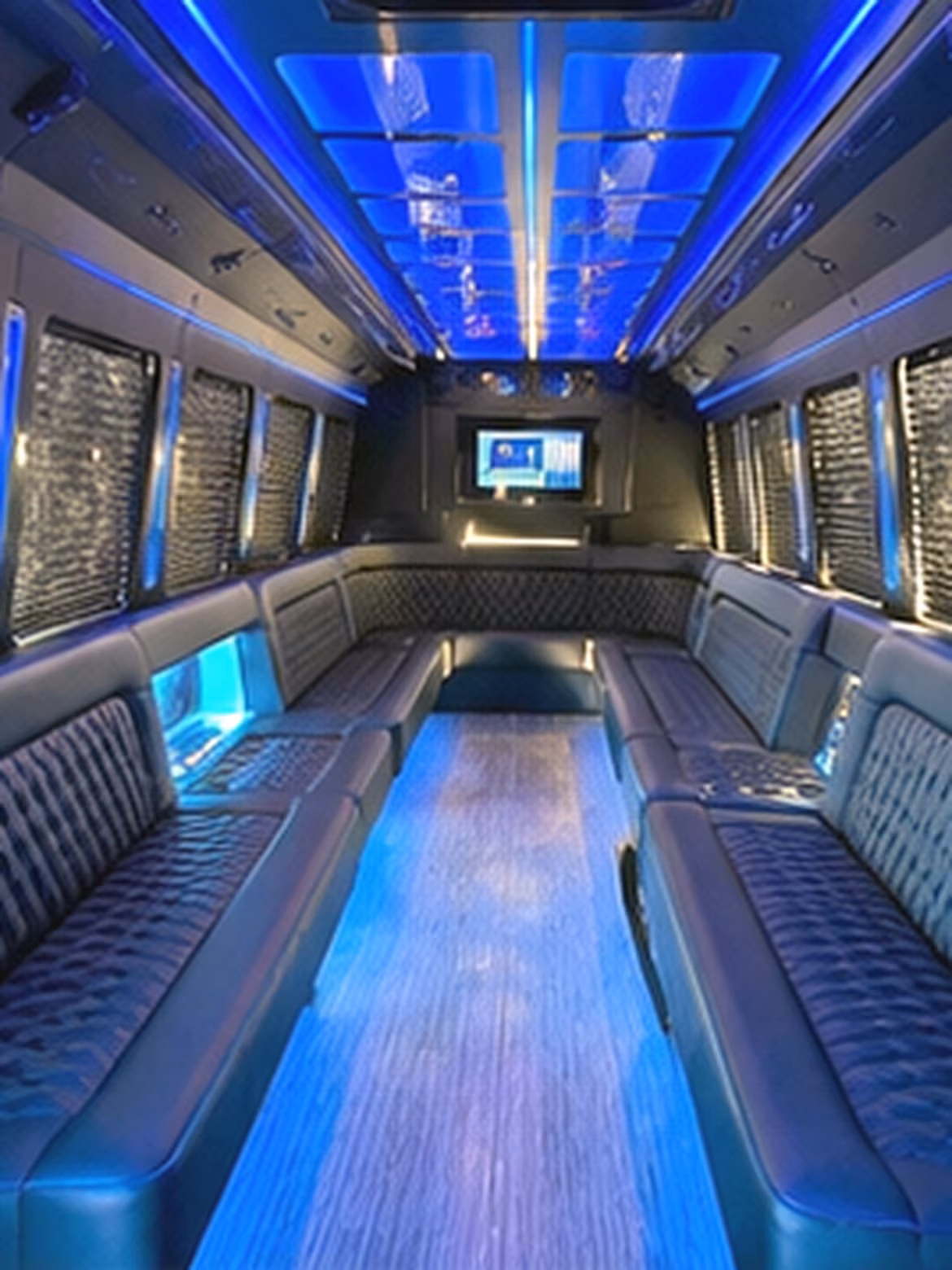 Interior of a party bus rental serving Fullerton