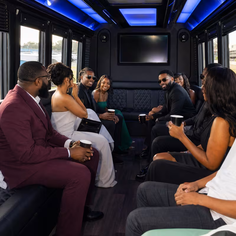 Black Mercedes Sprinter van staged for an Fullerton Private Event Transportation group