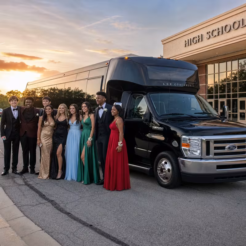 Group boarding a white charter bus for Prom & Homecoming Transportation transportation in Fullerton