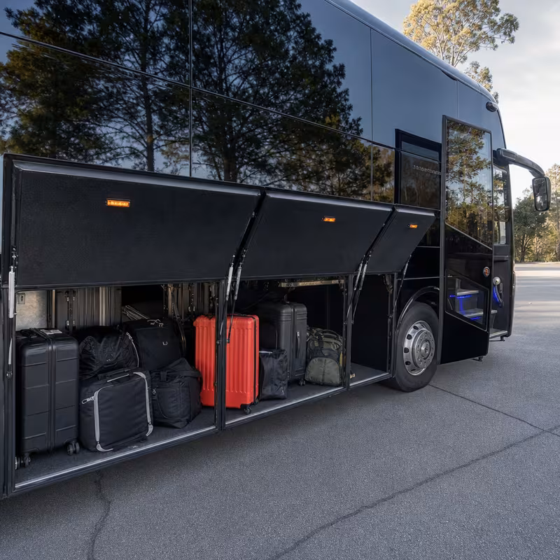 Party bus interior with wraparound leather seating and LED lighting in Fullerton