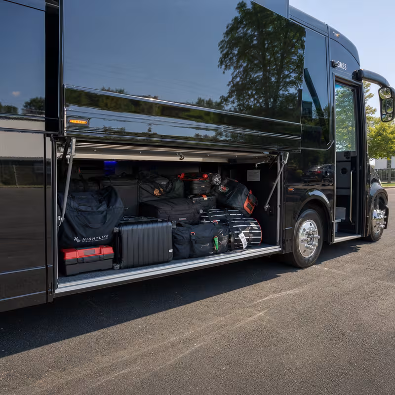 Party bus interior with wraparound leather seating and LED lighting in Fullerton