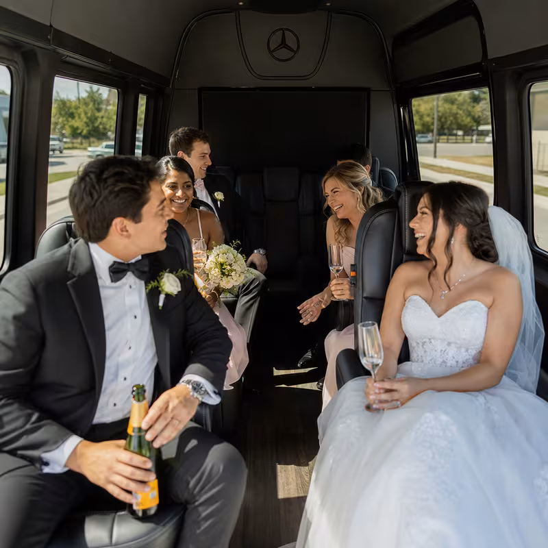 Black Mercedes Sprinter van staged for an Fullerton Wedding Transportation group
