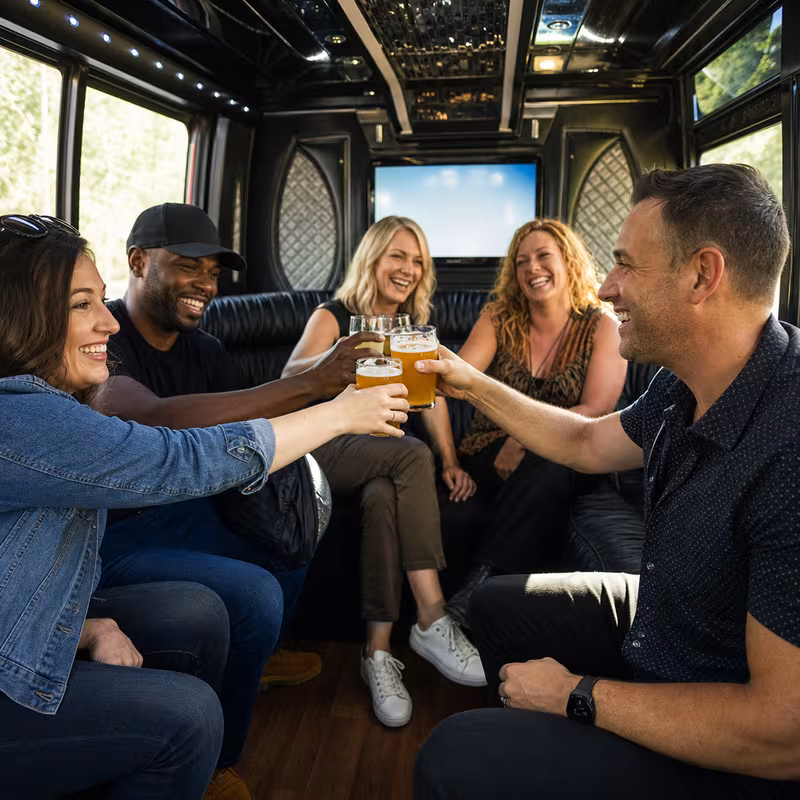 Group boarding a white charter bus for Winery & Brewery Tour Transportation transportation in Fullerton